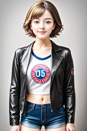Best quality, masterpiece, ultra high res, (photorealistic:1.4), raw photo, korea girl 22 year old, blond sleek pixie shorts hair style, wearing oversize black jacket bomber m1, shorts bluejeans, white sneaker, solid grey background,