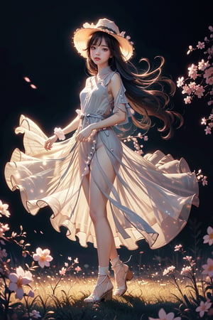 1 girl, a beautiful young smiling Japanese girl with long straight hair, bangs, blue eyes, straight nose, white soft skin; small lips, flat belly, long legs, ergonomic hands and fingers, symmetrical body shape, relaxed fingers, aesthetic looking; wearing silky shining dress, wizard hat; dawn, cherry blossom, field, mountain; sharp focus, wide shot, full body shot; photorealistic style; ultra detailed, soft light, warm tone; high dynamic range, vivid colors, high quality photo, masterpiece, extremely Realistic, best quality, fantasy scene, sharpen image,neon background, Colorful Binary Code Energy, ray tracing, bokeh, depth of field, raw photo, soft neon lights, pastelbg, glowwave, Strong Backlit Particles, front lightning.