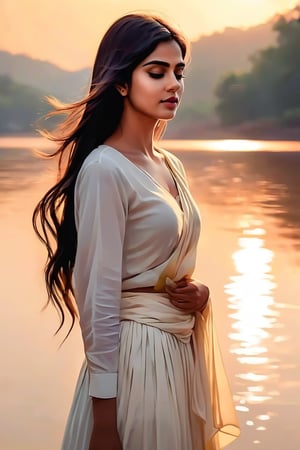 A serene Indian girl stands alone against a breathtaking sunset backdrop. Her long, dark hair cascades down her back as she wears a flowing white shirt and a pleated skirt. Her arms are wrapped around her torso, with her hands clasped together above her closed eyes. The framing of the shot showcases her upper body from the side, emphasizing her parted lips and tranquil expression. The warm golden light of the setting sun casts a flattering glow on her features, as if bathing her in peace.