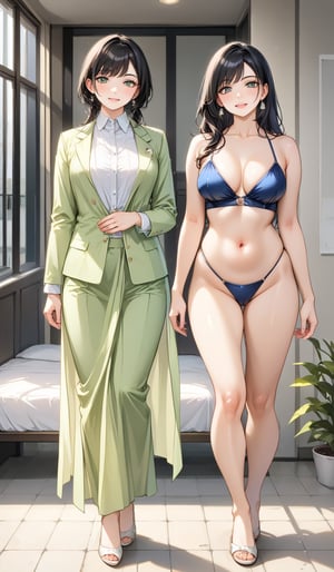 a girl like nora fatahi having black hair and good 4kquality light green suit full body realistic. And standing.zoom out on her face near camera and giving pose.too near on camera professional photography elegent, and confident .single body picture