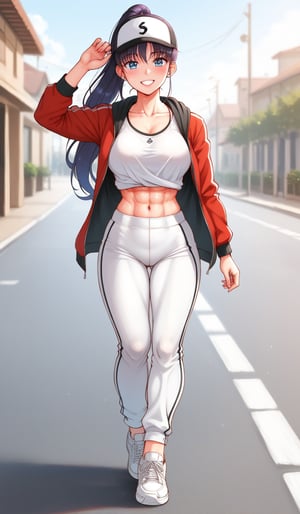 Perfectly Detailed, (masterpiece1.2), (Ultra HDR quality), (((hyper-realistic))), (((full-body_portrait))) of a sinfully beautiful 20yo indonesian woman, sole_female, brown_hair, long_ponytail,  flowing hair, silky hair,toned_female, symmetrical iris, biceps, muscular_body,Wearing an oversized pullover hoodie, , sporty jogger pants, Bluetooth wireless headset, running shoes, hat, running pose, sweating, ((pov_eye_contact)), photogenic smile.
Doing marathon. sunnyday, clear sky, depth_of_field, Adobe color grading, full_body, 130mm lens.,Sexy Muscular,fate/stay background,blurry_light_background.,perfect,perfecteyes,Makeup,flower4rmor,Flower