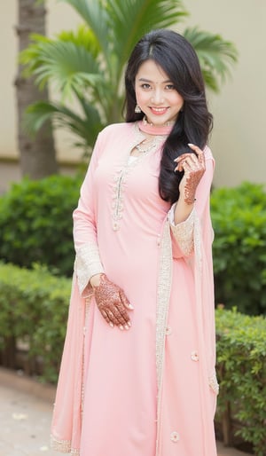 1girl, solo, looking at viewer, smile, kurti and dupatta, black hair, jewelry, standing, full body, earrings, outdoors, wide sleeves, mehndi on hand, showing mehndi, hands up, plant, long kurti, photo background