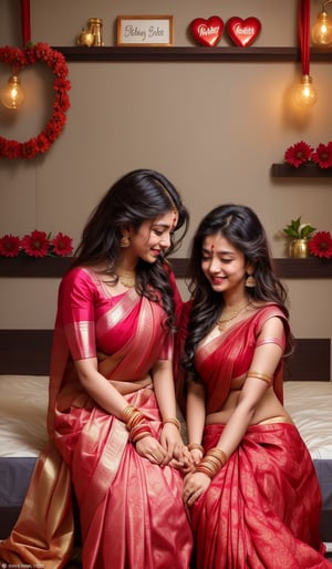 Aa Indian women,wear pink saree,sleep on bed,bed is carefully decorated with red flowers and made heart on bed,a heart make of light tag on wall and written LOVE, beautiful girl,real,realistic,wear hearing