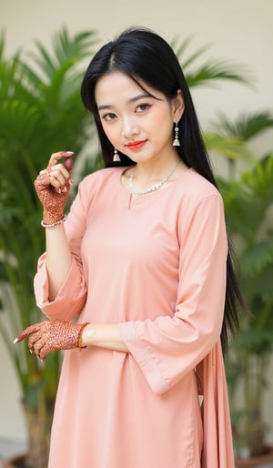 1girl, solo, looking at viewer, smile, kurti and dupatta, black hair, jewelry, standing, full body, earrings, outdoors, wide sleeves, mehndi on hand, showing mehndi, hands up, plant, long kurti, photo background