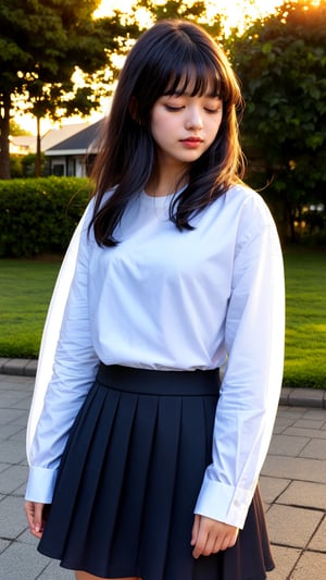 1girl, solo, long hair, skirt, shirt, black hair, long sleeves, closed eyes, white shirt, upper body, outdoors, parted lips, from side, lips, sunset