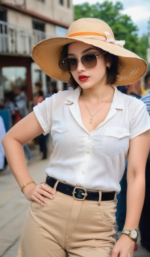 1girl, solo, short hair, shirt, black hair, hat, holding, jewelry, standing, short sleeves, cowboy shot, earrings, parted lips, shorts, striped, belt, indoors, necklace, hand on hip, blurry background, sunglasses, genderswap, genderswap \(mtf\), sun hat, watch, striped shirt, red lips, wristwatch, photo background