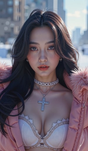 (masterpiece, top quality, best quality, official art, beautiful and aesthetic:1.2), hdr, high contrast, wideshot, 1girl, very long black hair, looking at viewer, clearly brown eyes, longfade eyebrow, soft make up, ombre lips, large breast (cheerfull act), frosty, parka jacket, (kpop clothing theme:1.5), finger detailed, background detailed, ambient lighting, extreme detailed, cinematic shot, realistic ilustration, (soothing tones:1.3), (hyperdetailed:1.2)