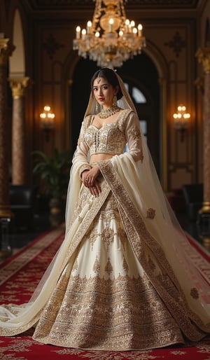 In the enchanting world of an Indian wedding, a radiant beauty dressed in a grandiose white saare with golden embroidery stands in the depths of the opulent wedding hall, engulfed in the enigmatic embrace of the dark shadows. The rich, velvety fabric of her attire billows around her, its lustrous sheen flickering against the intricately carved pillars and ornate chandeliers. Bold and boldly feminine, she poses, the Pop Art aesthetics of her densely embroidered garment striking a raw, vibrant contrast against the muted, abstract tones of the dimly lit surrounds. The energy of Graffiti and Street Art permeates the scene, those cubist lines creating a dreamlike perspective as she merges together with the vast, fluid splashes of Psychedelic color.