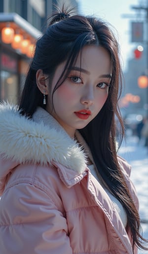 (masterpiece, top quality, best quality, official art, beautiful and aesthetic:1.2), hdr, high contrast, wideshot, 1girl, very long black hair, looking at viewer, clearly brown eyes, longfade eyebrow, soft make up, ombre lips, large breast (cheerfull act), frosty, parka jacket, (kpop clothing theme:1.5), finger detailed, background detailed, ambient lighting, extreme detailed, cinematic shot, realistic ilustration, (soothing tones:1.3), (hyperdetailed:1.2)