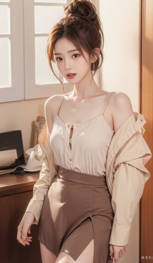 beautiful,Fleshy,HD resolution,rich details,rich colors,piaoliang,rich detailsrich colors,movie light,movie lens,movie special effects,extremely detailed details,rendering,HD,UHD,8K,wallpaper,1girl,solo,standing,(flat chest:1.2),xiaoyue,brown hair,brown eyes,ponytail,shirt,skirt,office lady,(cowboy_shot:1.2),