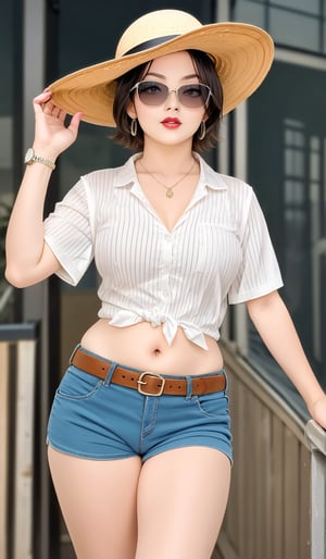 1girl, solo, short hair, shirt, black hair, hat, holding, jewelry, standing, short sleeves, cowboy shot, earrings, parted lips, shorts, striped, belt, indoors, necklace, hand on hip, blurry background, sunglasses, genderswap, genderswap \(mtf\), sun hat, watch, striped shirt, red lips, wristwatch, photo background