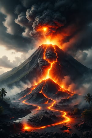 An erupting volcano, spewing molten lava and creating new fertile land.