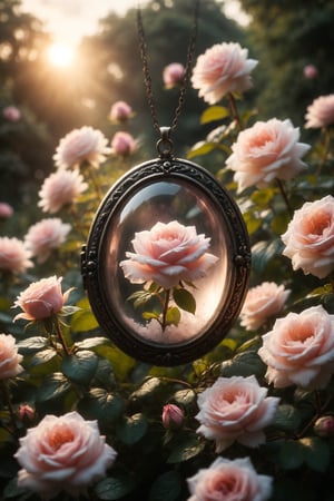 A rose quartz in a locket, surrounded by blooming roses, in a garden lit by the dawn.