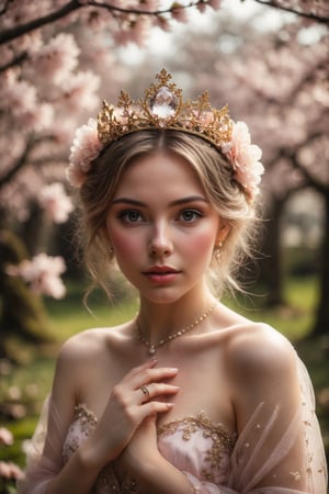 A soft pink morganite in a golden tiara, emanating tenderness and calm, in a garden full of cherry blossoms.