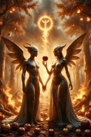 Design an image of two golden luxury alien with wings and horns a man alien and a female alien , standing under an angel alien golden blessing them. Behind them, there is an apple tree with a serpent and a tree on fire, symbolizing union, love, and choices.