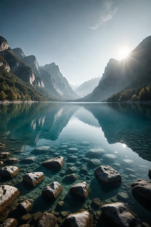 A serene lake with crystal-clear water, reflecting mountains and a clear sky.