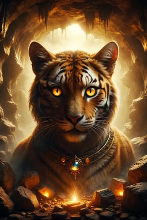 A golden tiger’s eye in a feline mask, shining intensely, in a mystical cave illuminated by the gem.