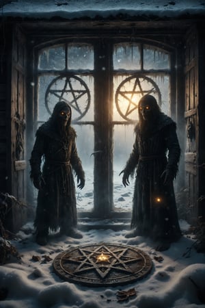 Two horror monsters walking next to an illuminated window 5 pentacles in the window, in a snowy environment