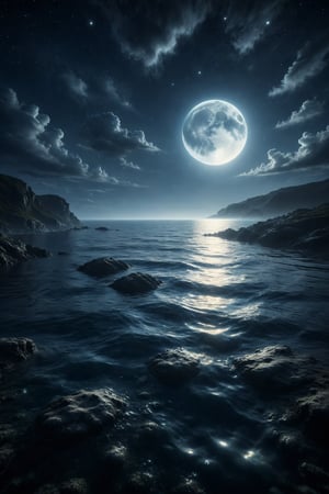 A deep ocean with calm waters, reflecting the full moon and stars.