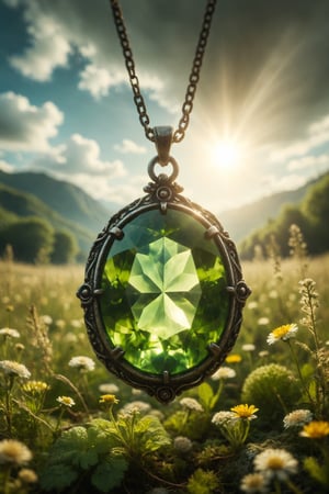 A bright green peridot in an amulet, radiating vital energy, in a meadow under the sunlight.