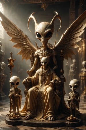 Generate a scene where a golden luxury alien with wings and horns is seated on a throne with two youngs aliens at its feet, symbolizing teaching and tradition. The alien golden wears a ceremonial robe and holds a three-cross scepter.