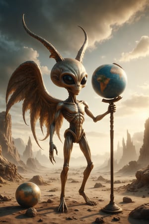 Design a scene of a  golden luxury alien with wings and horns holding a globe with one hand, and a wooden cane in the other, looking towards a horizon