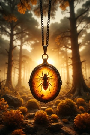 A golden amber with ancient insect inclusions, in an ancient pendant, radiating warmth, in an ancient forest at sunset.