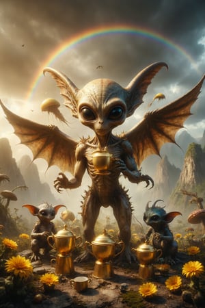 Create a scene of a golden luxury alien with wings and horns with his family of monsters, under a big rainbow with 10 golden cups, in a natural landscape