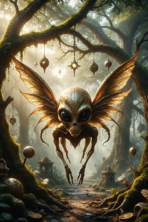 Generate an image of a golden luxury alien with wings and horns hanging upside down from a tree branch, with a serene expression and surrounded by mystical symbols, hanging upside down