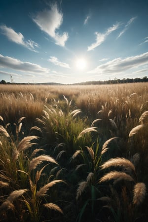 A field of tall grass swaying gently in the breeze, under a cloudless blue sky.