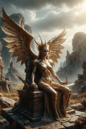 Creates an image of a female golden luxury alien with wings and horns with a crown and a sword in her hand, located on a stone throne in a natural landscape