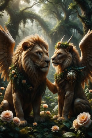 Generate a scene where a one golden luxury alien with wings and horns  calms a one fierce lion with a gentle touch. The monster wears a flower crown and is surrounded by greenery