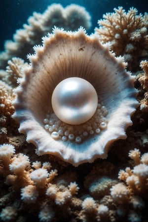 A perfect white pearl in an open shell, shining with a soft light, at the bottom of the ocean surrounded by corals.