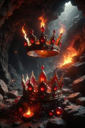 A bright ruby embedded in a golden crown, surrounded by red flames, in a dark cave illuminated by the gem.