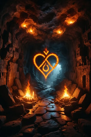 A vibrant flame in the heart of a dark cave, illuminating ancient symbols carved into the walls.