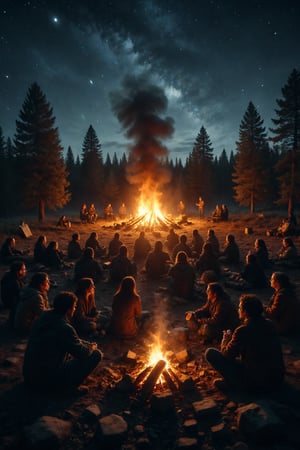 A campfire surrounded by people sharing stories and songs under the night sky.