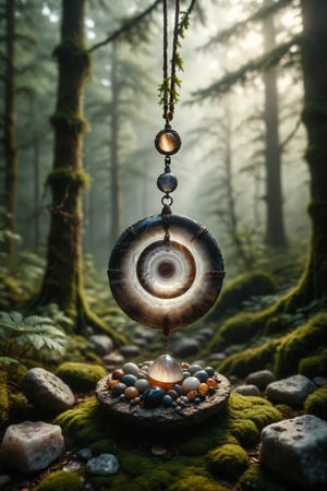 A banded agate in a talisman, suspended over a circle of stones in a mystical forest.