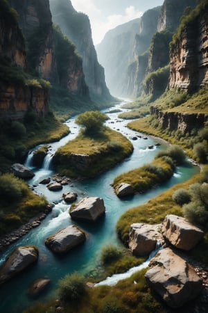 A winding river with clear, clean waters, flowing through a canyon, rejuvenating everything in its path.