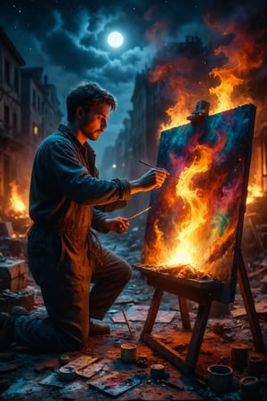 An artist painting with vibrant colored flames on a canvas under the moonlight.