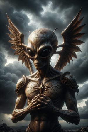 It generates an image of a golden luxury alien with wings and horns holding a heart pierced by 3 swords, under a storm cloud, symbolizing pain, betrayal and emotional loss.