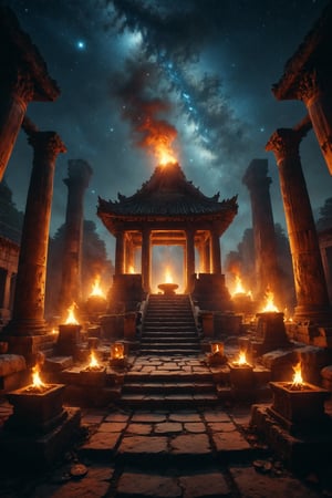 A purification ritual with sacred flames, in an ancient temple, under a starry sky.