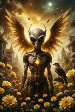 a horror momnster golden alien with wings and horns in a lush floral garden with 9 pentacles in the garden and a falcon, the sky must be yellow