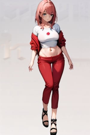 highly detailed, high quality, beautifull,1girl, solo, sakura, sexy body, full body, showing navel), shirt red, pants white,more detail XL