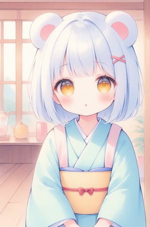 1girl, white hair,bob cut,bear ears,kimono,x hair ornament,yellow eyes,child,
watercolor,cocoart,pastel color ,soft art,
Japanese hotel,indoors,ryokan,yado,wasitu,fusuma,