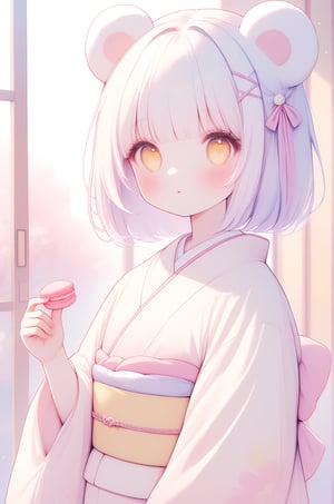 mdj style, cocoart, art style, watercolor, soft color,
holding macaron,Japanese ,indoor
yellow eyes, x hair ornament, kimono, white color hair, bob, white bear ears,