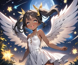 13-years old, dark skinned girl, black hair, two pigtails, twintails, Little ribbons, yellow ribbon, 4k, high resolution, (((masterpiece))),  beauty skin, small breasts, solo female, correct body proportions, shiny skin, high detailed, high resolution, ((fantasy background)), colorful, happy, night time, moon, stars, starry night, hearts, heart shaped pupils, floating in the air, Beautiful eyes, 1girl, flawless, beautiful face, beautiful body, white dress, white shoes, diamonds, white angel wings