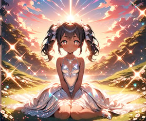 13-years old, dark skinned girl, black hair, two pigtails, twintails, Little ribbons, yellow ribbon, 4k, high resolution, (((masterpiece))),  beauty skin, small breasts, solo female, correct body proportions, shiny skin, high detailed, high resolution, ((fantasy background)), detailed background, colorful, happy, morning, dawn, sunshine, warm light, sunlight, little clouds, hearts, heart shaped pupils, Beautiful eyes, flawless, beautiful face, beautiful body, perfect hands, beautiful eyes, glitter, prismatic light, glowing body, white dress, beautiful dress, bare shoulders, glitter dress, gala dress, shinny necklace,BugCraft, full body, white gala shoes, sit down, sitting on the grass, little flowers