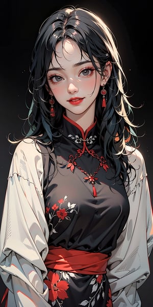 1girl

solo

long hair

looking at viewer

smile

simple background

black hair

hair ornament

long sleeves

jewelry

closed mouth

upper body

nail polish

black eyes

makeup

chinese clothes

black background

red lips
((SOLO))