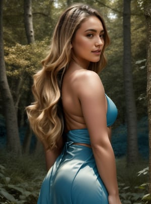 A sultry trio, AJ, AJ Applegate, and Sneakers Design, posed against a mystical forest backdrop at dusk. AJ's striking features shine in cinematic style: her bright blue eyes sparkle like stars, her pinkish lips curve into a subtle smile, and her golden locks cascade down her back. A cut-off white dress hugs her curves, emphasizing her alluring physique. The Kodak 2820 color tone imbues the scene with a cool, ethereal quality, as if the forest's darkness has been infused with a hint of magic.