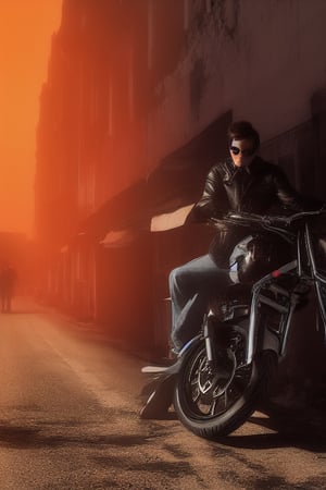 A motorcycle rider, dressed in leather jacket, boots, and adorned with chains, plays a guitar with skull-like facial features amidst the decay of an abandoned city street in the old west. The worn asphalt and crumbling buildings serve as a gritty backdrop for the rebellious musician, illuminated by a warm orange glow of setting sun.